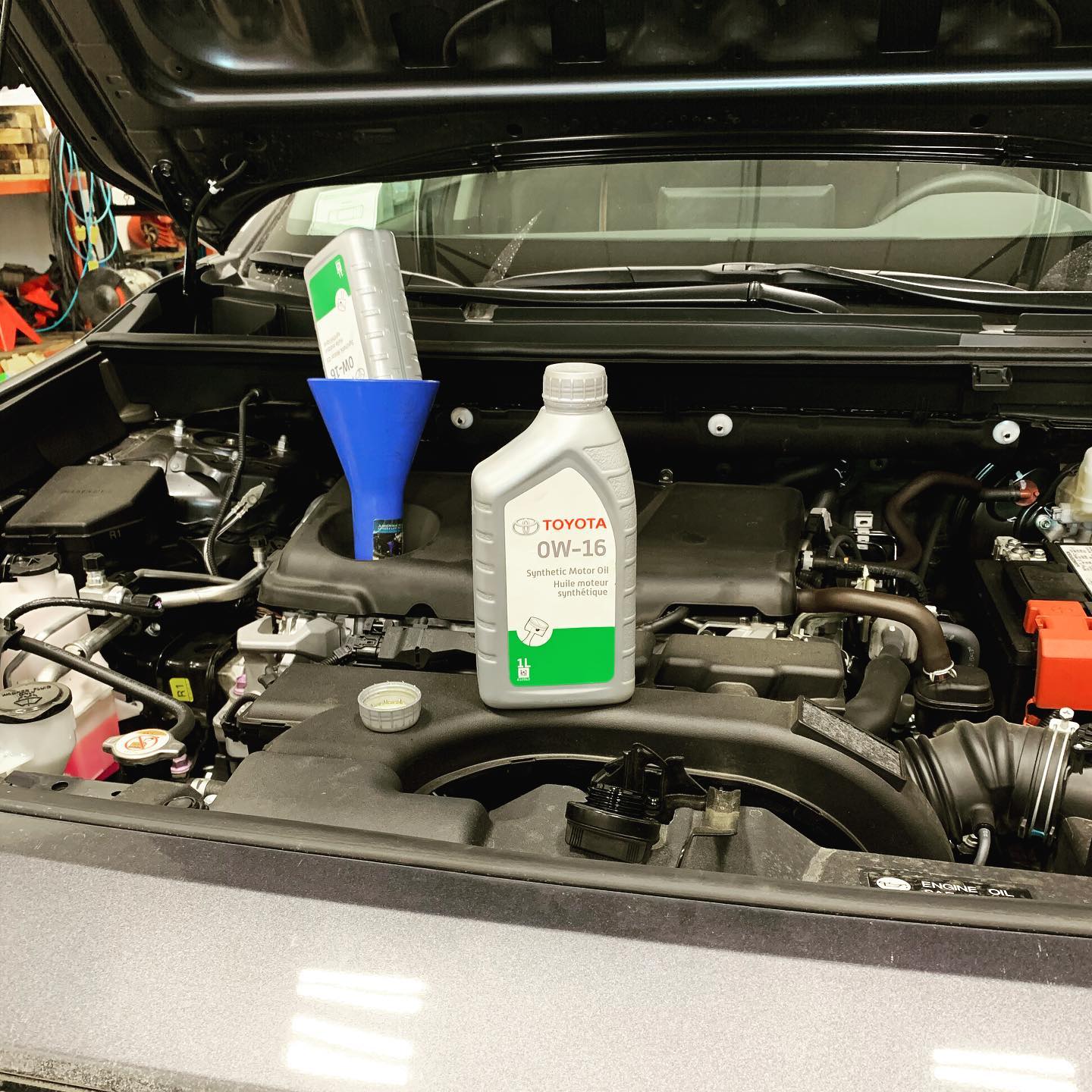 Toyota 0W-16 synthetic oil going into an engine